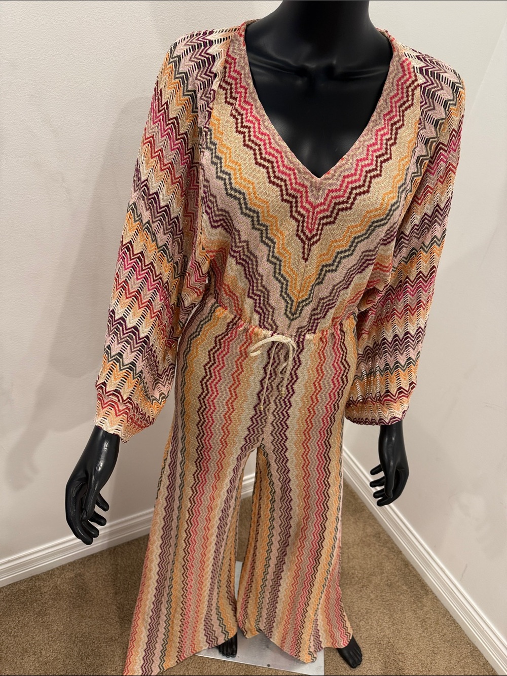 MISSONI Metallic Zigzag Knit Jumpsuit Palazzo Wide Leg Kimono Sleeves IT 40 New - Picture 8 of 15